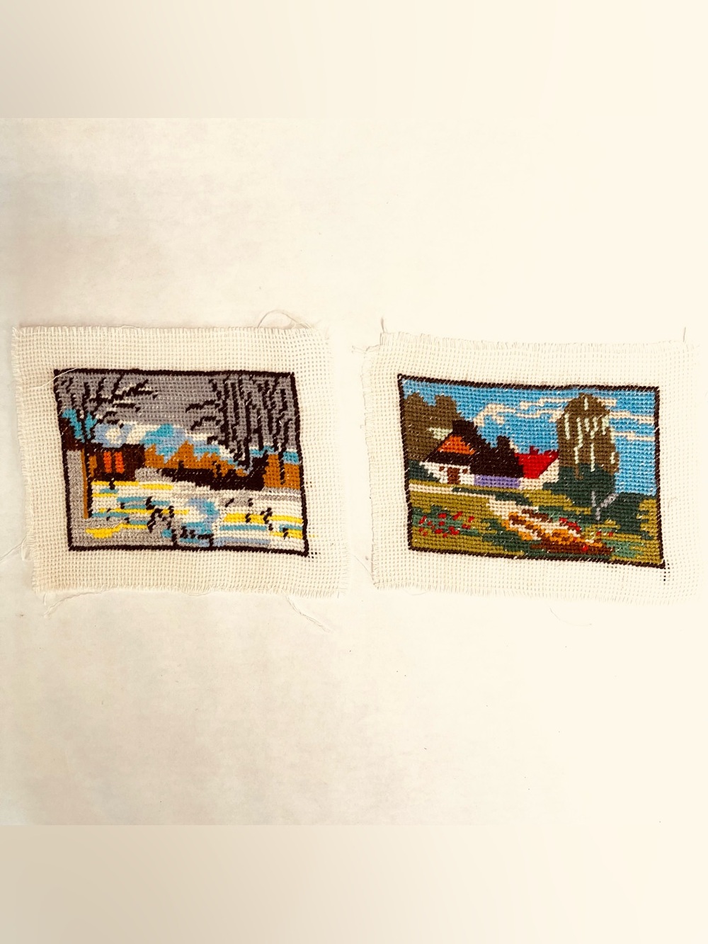 Petit Point Embroidery Hand Made Handstitched Hand Sewn Winter Summer Scene